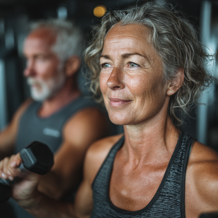 Пожилі люди займаються спортом в групі